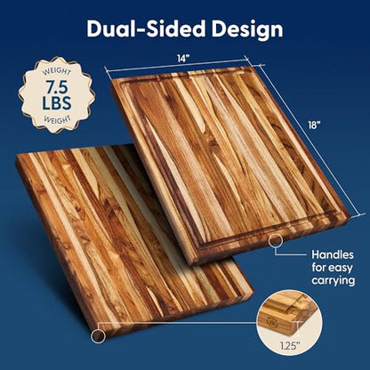 Sonder Los Angeles Laurel Teak Wood Cutting Board, Large 18x14x1.25 in | Non-toxic, Edge Grain, Juice Groove, Reversible, Built-in Handles, Gift Box Included, 7.5 lbs - color: Laurel | Teak | Edge Grain