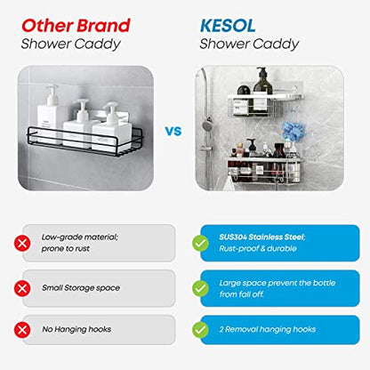 KESOL Shower Caddy and Soap Dish Holder with Hooks, Rust Resistant, 2 Pack | Shower Shelf Organizer, No Drilling Adhesive Wall Mounted Bathroom Shelf, Stainless Steel, Silver