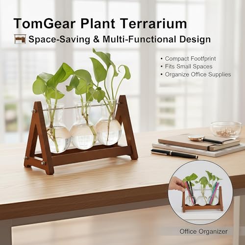 Plant Terrarium with Wooden Stand, 3 Bulb Glass Vase Metal Holder, Retro Hydroponics Planter for Home/Garden/Office Decor, for Women & Mom (1, Natural Wood, 3-Bulb)