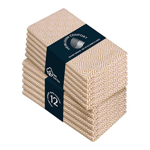 Tan Cloth Napkins (Set of 12), 16x16 Inch, Diamond Weave, 100% Cotton, Durable, Soft, Reusable Table Dinner Napkin for Rustic Decor, Lunch Tables, Formal Gatherings & Everyday Use - color: Tan, size: 16" x 16" (Set of 12)