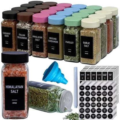 Spice Jars with Labels - 24 Glass Spice with Shaker Lids & Airtight Plastic Caps - 4oz Complete Seasoning Containers Organizer Set for Cabinet, Drawer & Rack (Black) - color: Black