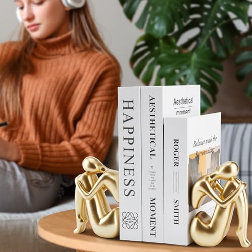 Gold Bookends Book Ends, Unique Decorative Girl Thinker Design,Non-Slip Home Office Bookshelf Decor, Modern Book Holder for Shelves, Heavy Duty Resin Book Stopper for Books,1Pair/2Piece