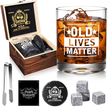 Old Lives Matter Whiskey Glasses, Funny Retirement Gifts for Old Man | 12oz Old Fashioned Whisky Gifts for Men Christmas, Grandpa, Dad, Gag Gift with Whiskey Stones, Coaster, Wooden Box - style: Old Lives Matter Whiskey Glass