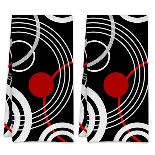 White and Red Circles 1960s Style Modern Hand Towels Set of 2,Waffle Weave Soft Absorbent Kitchen Dish Towels,Decorative Bathroom Towel for Hotel Bath Gym Yoga 16"x24" - color: White and Red Circles