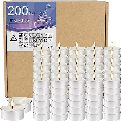 Unscented Tealight Candles 200 Pack, 4 Hours Smokeless Dripless White Mini Tea Lights Bulk for Home, Wedding, Party, Shabbat, Christmas & Emergency Use - color: White, size: 200 Pack