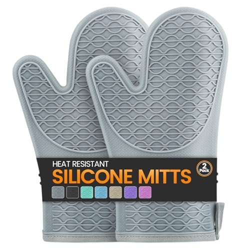 Silicone Oven Mitts, Heat Resistant 2PCS Oven Mitts with Soft Cotton Lining, Waterproof Non-Slip Grip Oven Glove, Kitchen Potholder Mits for BBQ, Baking, Cooking, 12.5 Inch - Grey - color: Gray