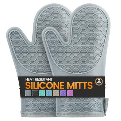 Silicone Oven Mitts, Heat Resistant 2PCS Oven Mitts with Soft Cotton Lining, Waterproof Non-Slip Grip Oven Glove, Kitchen Potholder Mits for BBQ, Baking, Cooking, 12.5 Inch - Grey - color: Gray