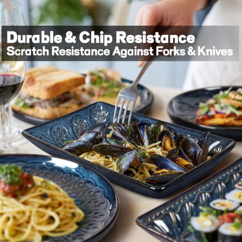 Appetizer Plates Set of 4, 8.25" Embossed Ceramic Rectangular Dessert Plates, Deep Lipped Edges, Microwave & Dishwasher Safe, Salad Sushi Snack Serving Plates (Blue, Pinwheel Flower) - color: Blue (Pinwheel Flower), size: 8.25 inch
