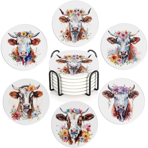 6 Pcs Coasters for Drinks with Holder, Highland Cows Flowers Absorbent Ceramic Coasters with Cork Base,Cute Funny Table Drinks Coasters Tabletop Protection Mat,Table Home Decor,4 Inches - color: Highland Cows Flowers