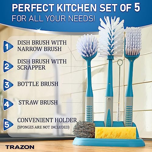 Dish Brush Set of 5 with Convenient Holder, Bottle Water Brush, Dish Scrub Brush, Scrubber Brush and Straw Brush - Kitchen Scrub Brushes Non Slip Long Handle for Sink Dishes Cup Pot - color: Blue