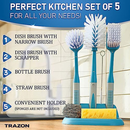 Dish Brush Set of 5 with Convenient Holder, Bottle Water Brush, Dish Scrub Brush, Scrubber Brush and Straw Brush - Kitchen Scrub Brushes Non Slip Long Handle for Sink Dishes Cup Pot - color: Blue