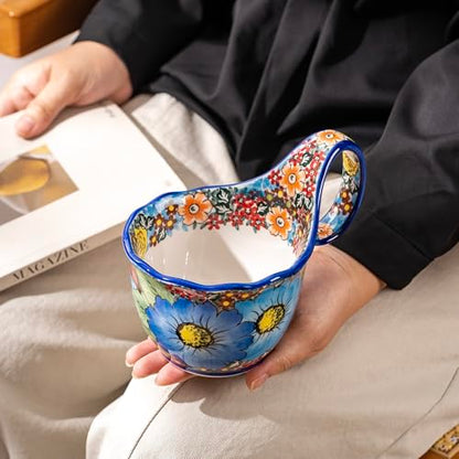 High-Fired Stoneware Loop-Handle Mug - 18oz Food-Safe Ceramic Soup Bowl, Hand-Painted Floral Design, Microwave & Dishwasher Safe Coffee Mug for Breakfast, Oatmeal & Soup - color: Blue Daisy Garden