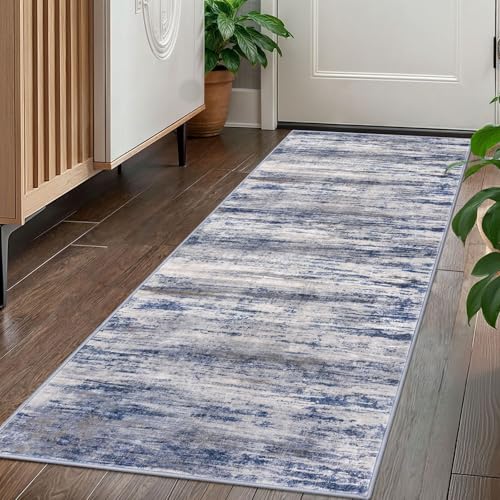KOZYFLY Modern Washable Rug Runner 2x5 Hallway Rug Runner Grey-Blue | Non-Slip, Non-Shedding, Low Pile Soft, Abstract Striped, For Hall Kitchen Entryway Bathroom Laundry Bedroom Foyer - color: Blue-grey, size: 2' x 5' (Runner)