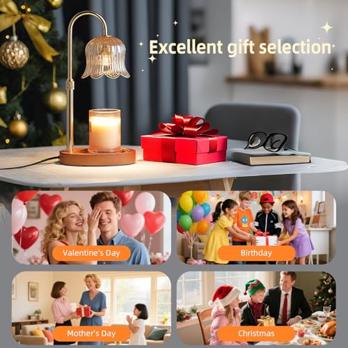 CRMILL Candle Warmer Lamp with Timer: Adjustable Dimmable Height Adjustable Warming - Flower Shape Wax Lamp Jar Candles No Flame Modern Home Decor Table Lights - Home Living Bedroom - color: Amber-electroplatedgoldplating