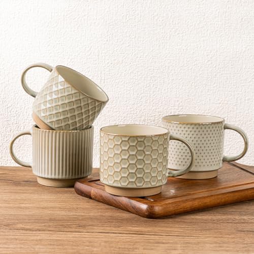 GBhome 12 OZ Stackable Coffee Mugs Set of 4, Ceramic Coffee Cups Set | 4 Assorted Designs, Embossed Mugs with Texture Patterns for Tea/Coffee, Dishwasher&Microwave Safe, Pale Khaki - color: Pale Khaki, size: 12 Ounces