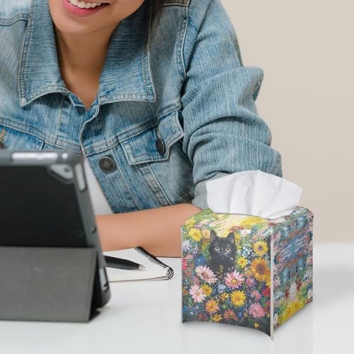 Cats Flowers Square Tissue Box Cover Facial Napkin Holder Easy to Use Dust-Proof Tissue Case for Living Room Office Bathroom - color: Cats Flowers