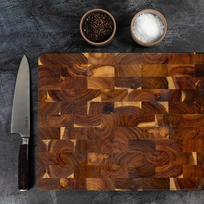 Extra-Large Acacia Wood Cutting Board with Built-In Handles – Checkered End-Grain Butcher Block, Reversible Chopping Board for Meat, Bread & Vegetables – Premium Heavy-Duty Chef Board