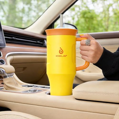 Ideus 32 oz Tumbler with Handle and Straw, 100% Leak Proof Dual Wall Vacuum Insulated Stainless Steel Travel Mug, Cup Holder Friendly, Yellow - color: Yellow
