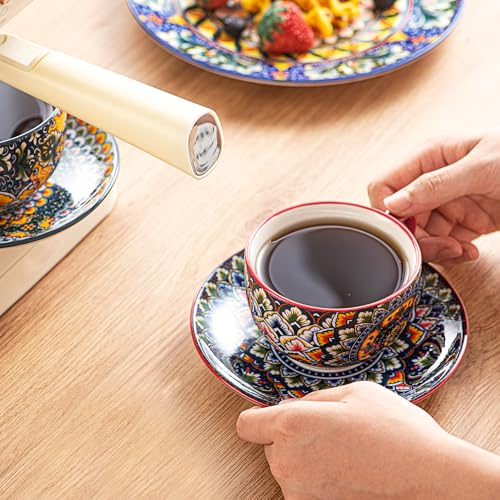 Henten Home Ceramic Tea Cup with Saucers, 8.5 oz Latte Cup Set of 6 | Boho Style Cup for Cappuccino, Coffee, Hot Cocoa, Espresso, Microwave & Dishwasher Safe, Non Toxic