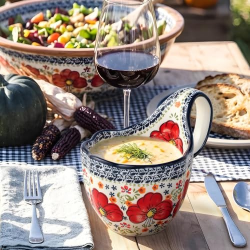ALMA Soup Bowl With Handle,16oz Handpainted Floral Soup Mug Microwave Safe | Ceramic Large Loop Handle, Enjoy Soup,Cereal,Stew,Ice Cream,Snack,Fruits,Chili, Farmhouse Gift for Grandma Mom Homemakers - color: Red Lily