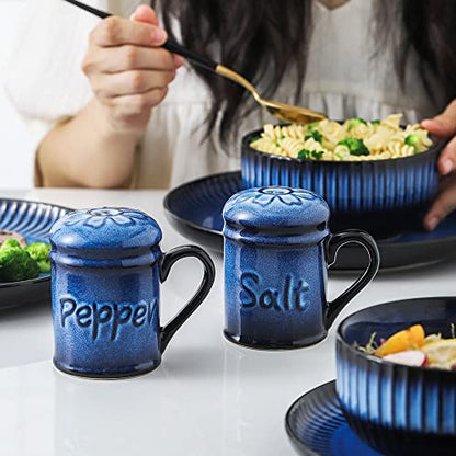 Nihow Ceramic Salt & Pepper Shakers Set with Handle for Kitchen Counter | 2.6 Inch Resist Rusting Seasoning Shaker -Elegant Black & Blue (Set of 2) - size: Shaker with handle
