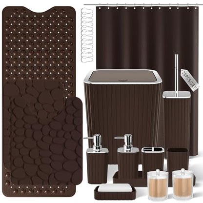 XLHOMO 26PC Bathroom Accessories Set - Gorgeous Brown Bathroom Set, Bathroom Accessory Set, Shower Curtain Set with Bathtub Mats for Shower Tub, Trash Can & Soap Dispenser - size: Bath Set+Bathtub Mat+Shower Curtain&Rugs, style: Brown&Silver