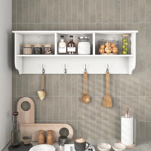 Wall Mounted Coat Rack Shelf,4 Dual Hooks,3 Cubbies,White | 4 dual nickel finish hooks.3 built-in cubbies plus shelf.Holds 55 lbs,MDF,smooth laminate finish.Easy clean,hardware included - color: White