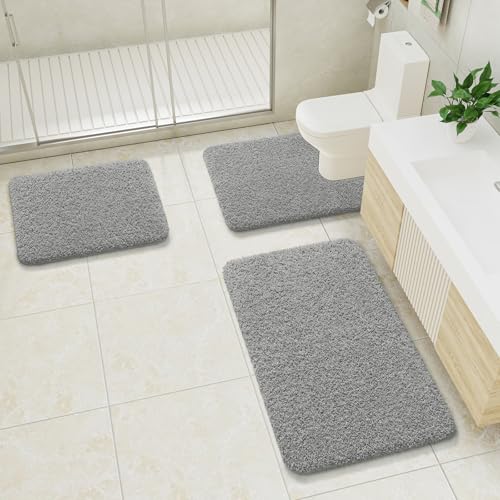 LOCHAS Bathroom Rugs Sets 3 Piece, Microfiber Bath Mat Set Non Slip, Grey | Washable Absorbent Toilet Rug, Shaggy Soft Cozy Quick Dry - color: Grey, size: 30" x 20" + 24" x 17" + U Shape 24" x 20"