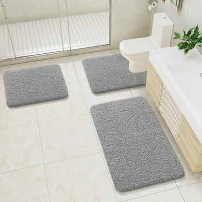 LOCHAS Bathroom Rugs Sets 3 Piece, Microfiber Bath Mat Set Non Slip, Grey | Washable Absorbent Toilet Rug, Shaggy Soft Cozy Quick Dry - color: Grey, size: 30" x 20" + 24" x 17" + U Shape 24" x 20"