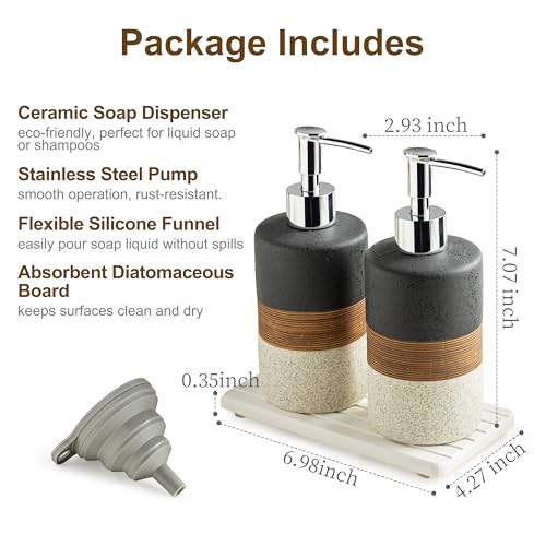 Ceramic Dish Soap Dispensers Set of 2 for Kitchen and Bathroom | Hand Soap and Lotion Dispenser Set, Shampoo and Conditioner Bottles | with Stainless Steel Pump, Silicone Funnel, Tray, Black - color: Black and White, size: 2xSoap Dispenser Set with Tray