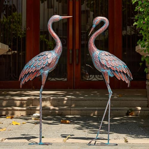 Kircust Outdoor Garden Patina Crane Statues Metal Heron Decoy Decor 48 Inch | Bird Standing Sculptures, Yard Art Set of 2, 47-48 in - color: Patina 2