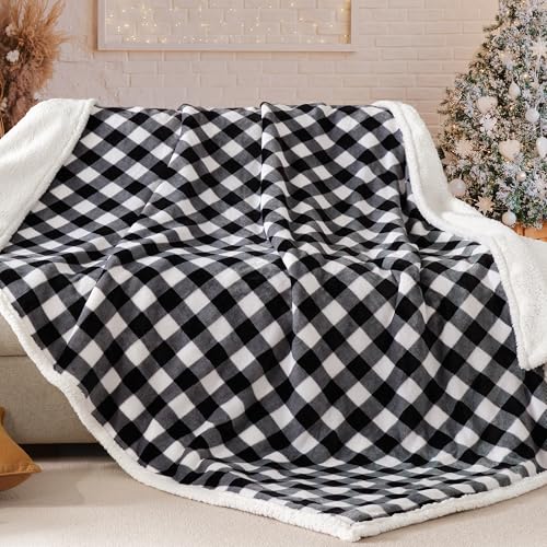BEAUTEX Christmas Sherpa Fleece Throw Blanket Soft Warm Buffalo Plaid | Plush Blanket & Throw, Winter Cozy Fuzzy for Couch, Sofa, Bed (Black, 50" x 60") - color: Black, size: Throw-50"x60"