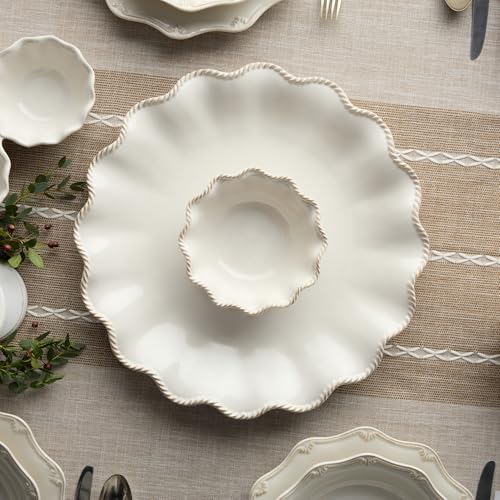 Heritage Ivory Stoneware Chip & Dip Set, 2-Piece – 15” Scalloped Serving Platter with 6” Dip Bowl (14oz) – Elegant Ripple-Edge Design for Entertaining, Snacks, & Appetizers
