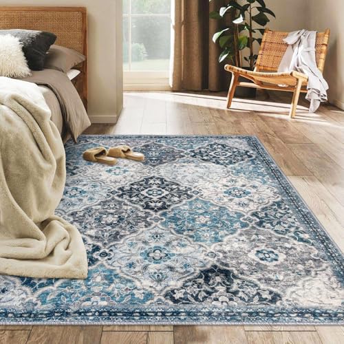 KILOCOCO 4x6 Washable Area Rug Nonslip Door Mat Indoor for Entryway Bedside | Soft Moroccan Trellis Spill & Stain Resistant Low Pile Carpet for Kitchen Office Front Backdoor Bedroom - color: Blue/Multi, size: 4' x 6' (Rectangular)