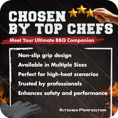 KITCHEN PERFECTION XL Silicone Smoker Oven Gloves-Extreme Heat Resistant BBQ Gloves-Handle Hot Food Right on Your Grill Fryer&Pit|Waterproof Grilling Cooking Baking Mitts|Superior Value Set+3 Bonuses | Waterproof, 5-Finger Design For A Better Grip, for Pi
