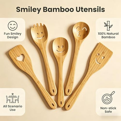 Smiley Face Wooden Spoons Set, 5-Piece Organic Bamboo Cooking Utensils | Cute Kitchen Gadgets with Smooth Splinter-Free Finish, Heat Resistant Funny Spatula for Daily Cooking & Gifting