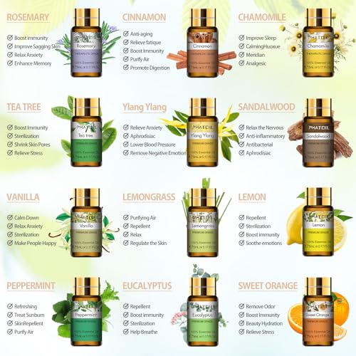 PHATOIL Essential Oils Gift Set, Aromatherapy Oil for Diffuser, Skin Care | 100% Natural and Pure, Ideal for Massage, Humidifier, Home, DIY Candle Soap Making, 15 x 5ml