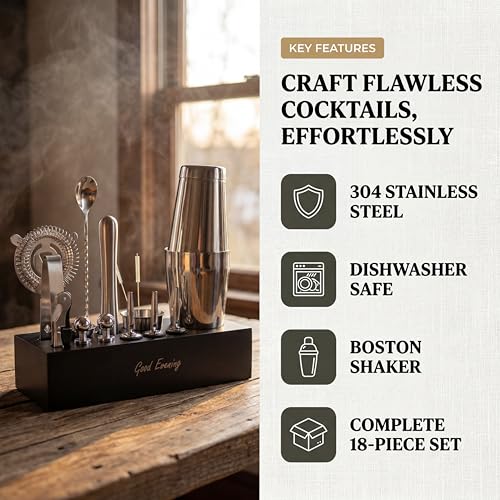 Premium 18-Piece Bartender Kit - Mixology Cocktail Shaker Set with Modern Bamboo Stand, Weighted Boston Shaker, Bar Mat & Recipe Book | 304 Stainless Steel Home Bar Accessories