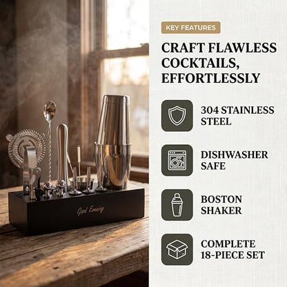 Premium 18-Piece Bartender Kit - Mixology Cocktail Shaker Set with Modern Bamboo Stand, Weighted Boston Shaker, Bar Mat & Recipe Book | 304 Stainless Steel Home Bar Accessories