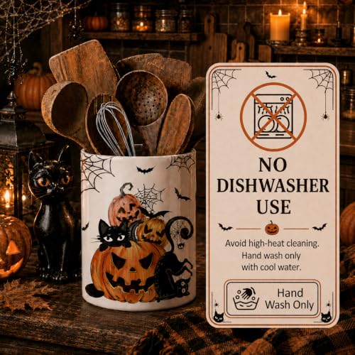 Halloween Utensil Holder, Spooky Ceramic Kitchen Utensil Holder, Utensil Crock for Home Kitchen Countertop Storage Organizer Container, Large Holder for Spatulas, Spoons, Kitchen Counter Decor, 6"