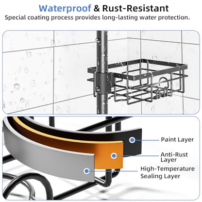 GearFusion Shower Caddy Organizer Tension Pole, Rustproof 4 Tier Corner Shower Rack with 25–114 Inch Adjustable Height for Bathroom Storage, Extra Towel Rack, Soap Dish and Toothbrush Holder, Black