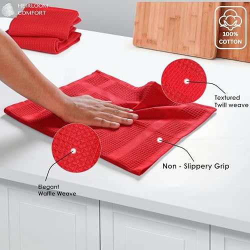 3 Pack Red Waffle Weave Kitchen Towels, 16x26 Inch, 100% Cotton, Absorbent Dishcloth Set, Quick Drying, Durable for Cleaning, Wiping, Drying Dishes, Machine Washable Dish Towel, Red - color: Red, style: 3 Pack