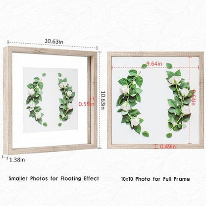 MUYE 10x10 Floating Frame Distressed Beige White Wood Pattern,Double Glass Square Picture Frame Display Any Size Photo up to 10x10,Wall Mount or Tabletop,2 Pack - color: Beige, size: 10x10
