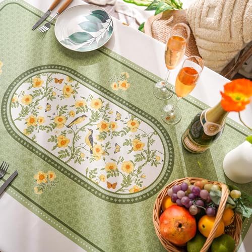 SUTAVIA Tablecloth Rectangular 60”x84” Green Printing Embroidery Lace | Farmhouse Summer Table Cloth Country Sunflower Bird Leaves Table Cover for Home Dining Table Holiday Garden - color: Green, size: 84" x 60" (Rectangular)