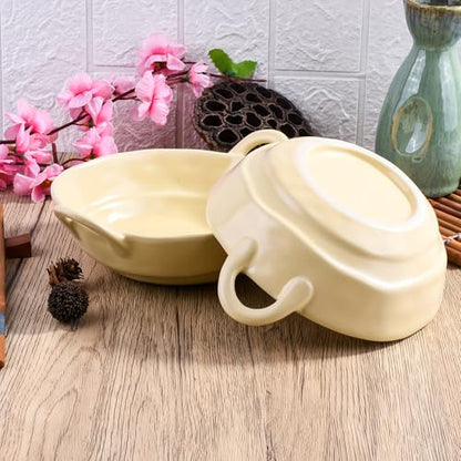 Ceramic Soup Bowls with Handles Set of 2, Cream Yellow Porcelain Snack Bowls, 24 oz Large Salad Bowls, Microwave and Dishwasher Safe