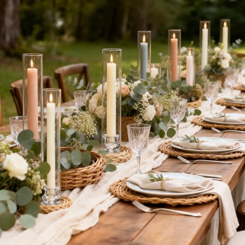 16 Set Clear Glass Hurricane Candle Holders, 12.5" Open Ended Bottomless Windproof Cylinder & 2.1" Taper Candlestick Holders for Wedding Party Home Hotel Decor