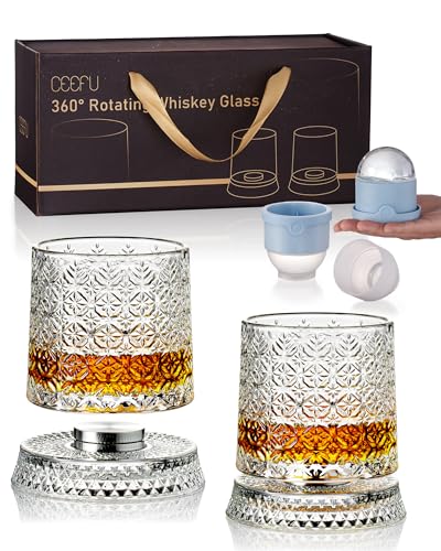 CEEFU 360° Spinning Whiskey Glasses Set with Gift Box, Set of 2 | Rotating Base (2 Crystal Glasses Set, 2 Big Ice Ball Molds) - Bourbon, Cocktail, Rocks, Gifts Ideas for Men, Gem Pattern - size: 9.5 oz-Snowflake Pattern