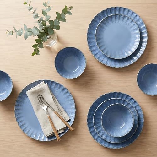 12 Pieces Stoneware Dinnerware Set, Microwave and Dishwasher Safe, for 4 | Scallop Frill Design, Chip Resistant, Ceramic, Includes Plates and Bowls - color: Blue, size: 12-Piece Set
