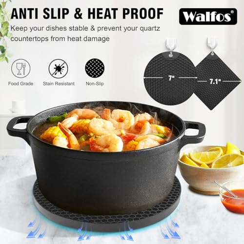 Walfos Silicone Trivet Mats - 4 Heat Resistant Pot Holders, Multipurpose Non-Slip Hot Pads for Kitchen Potholders, Hot Dishers, Jar Opener, Spoon Holder, Food Grade Silicone & BPA Free (Black) - style: 7.1+7in, 4 Black Round + Square