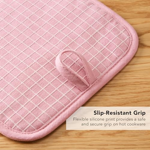 KITCHENAID Gourmet Series Gridlines Pot Holders 2-Pack Set, Heat Resistant up to 600°F, Soft Silicone Grip, Magnetic Cuff, Dried Rose, 8"x8" - color: Dried Rose